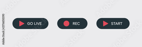 Three rounded rectangular buttons with red icons and text labels for go live, rec, and start on a light background.