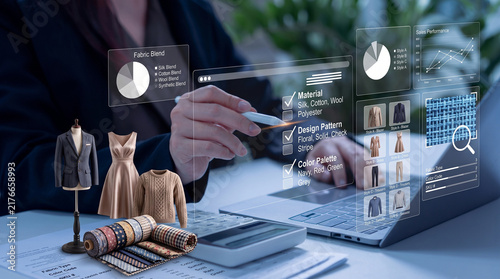 Fashion designer using digital interface for garment production and clothing design analysis.