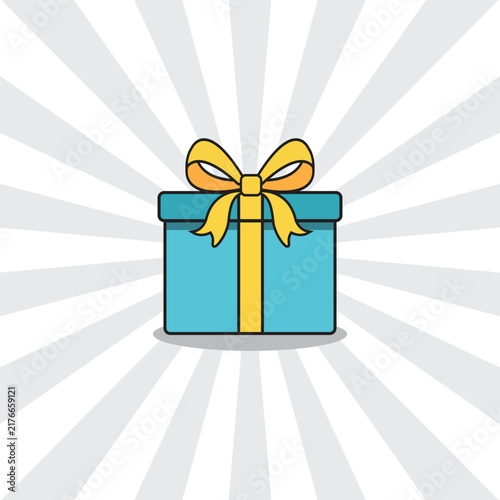 Retro vintage 2D gift box with bold black outlines and bright colors sunburst background