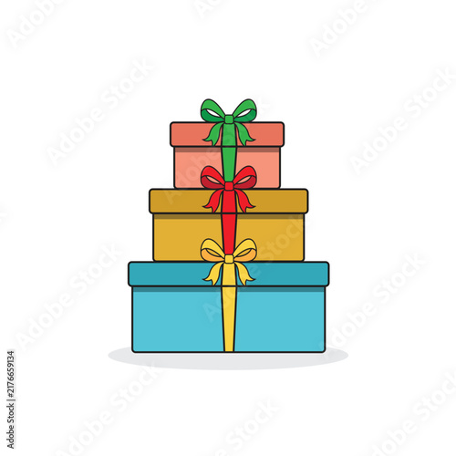 Set of peach, yellow and blue boxes. Minimalistic flat design. Icons on white background. For surprise, celebration, event concepts. Vector illustration