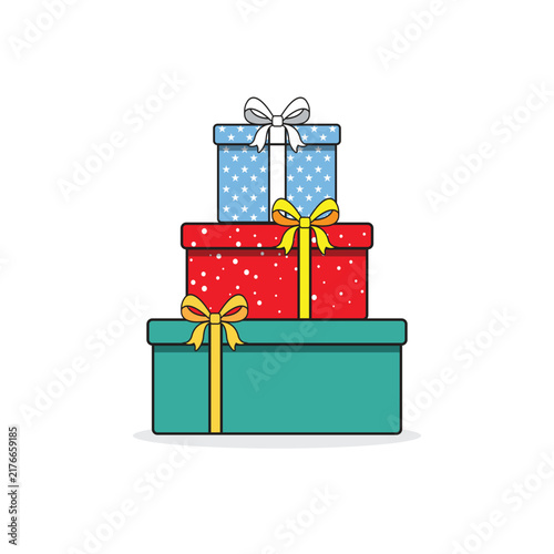 Set of red, green and blue gift box with bow and ribbon on white isolated background for New Year, Christmas, Birthday, Valentines Day, holiday, party
