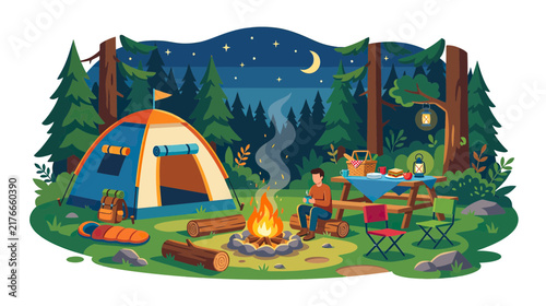 Cozy campsite with tent, campfire, and picnic table at night