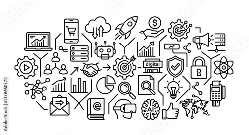Digital Transformation and Technology Icons Innovation AI Data and Business Growth