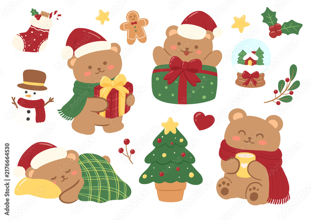Fototapeta premium Adorable brown bears celebrating Christmas with gifts, snowmen, and winter items