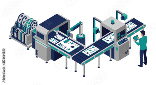 Clean Isometric of Modern Electronics Manufacturing Line with Circuit Boards Robotic Arms and Human Supervision
