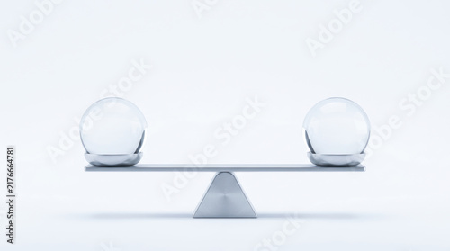 Financial audit concept with balanced glass sphere and scale representing equity, comparison, stability and objective business evaluation