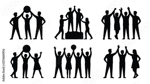 People Standing and Celebrating Silhouette Set, Winner Podium and Cheer Vector