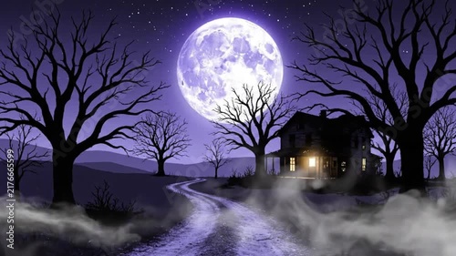 Spooky haunted house scene with full moon rising over dark leafless trees and swirling fog in this creepy animation video