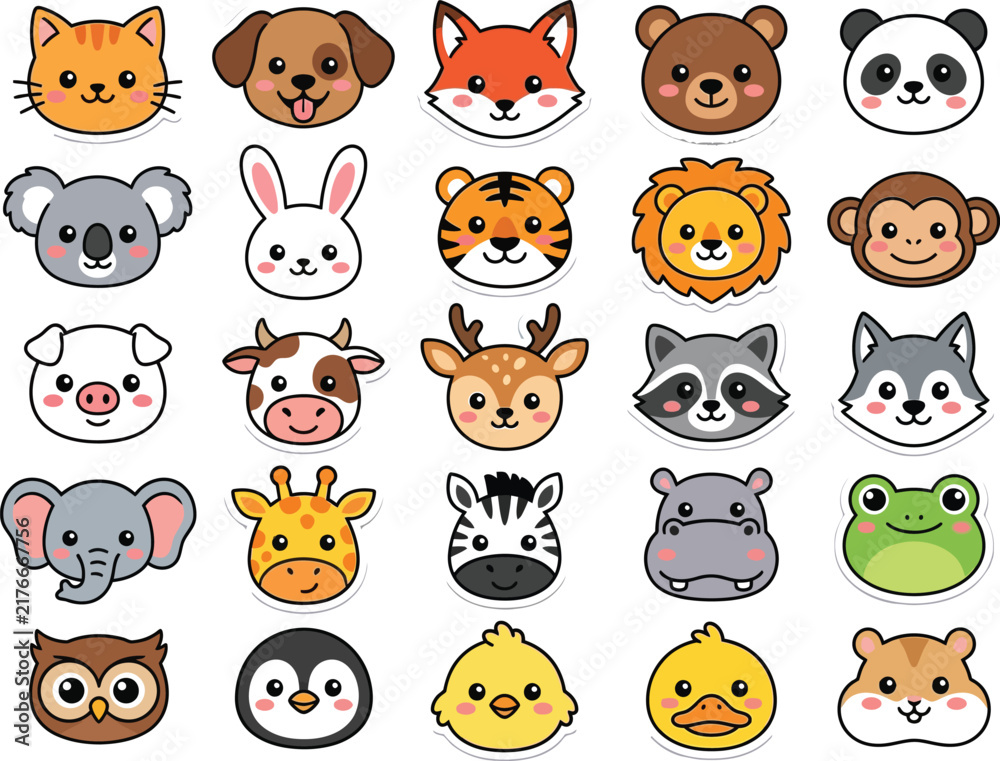 Fototapeta premium Cute cartoon animal faces with transparent backgrounds for various uses