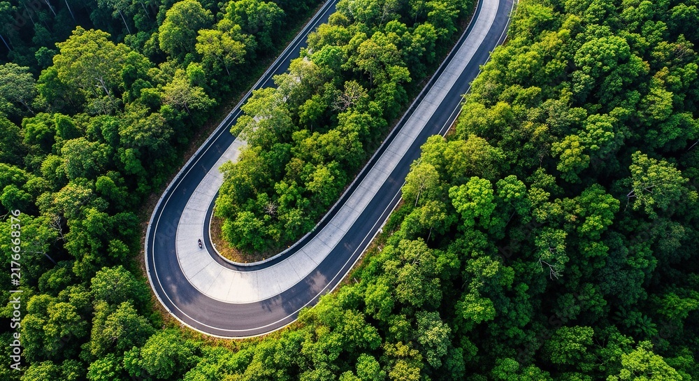 Fototapeta premium Aerial view of a U-turn road curve in a dense green forest.