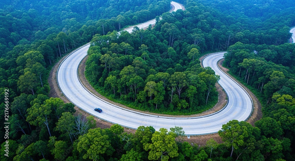 Fototapeta premium Aerial view of a winding road through a lush green forest.