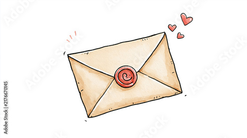 Hand Drawn Vintage Letter Envelope with Red Wax Seal and Hearts Illustration