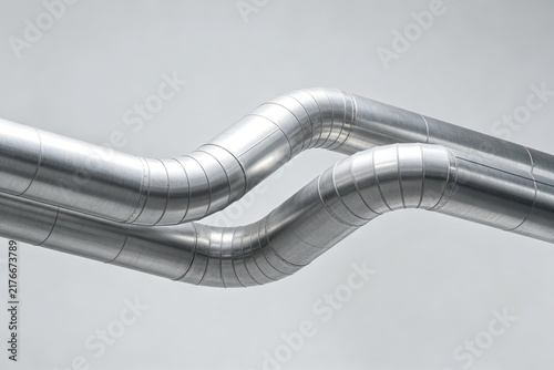 Minimalist Industrial Pipe Curves, Metallic Silver Ducts Smooth S-Bends