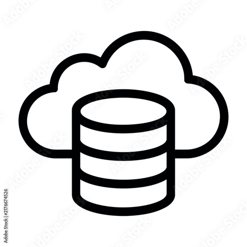 Minimalist black line vector icon of a cloud storage database symbol, perfect for technology and data management illustrations, featuring a sleek cloud outline and a central storage cylinder.
