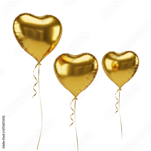 Three metallic golden heart-shaped foil balloons floating elegantly, bright reflective texture, 45-degree high-angle, isolated on seamless transparent. concept of elegance and joy