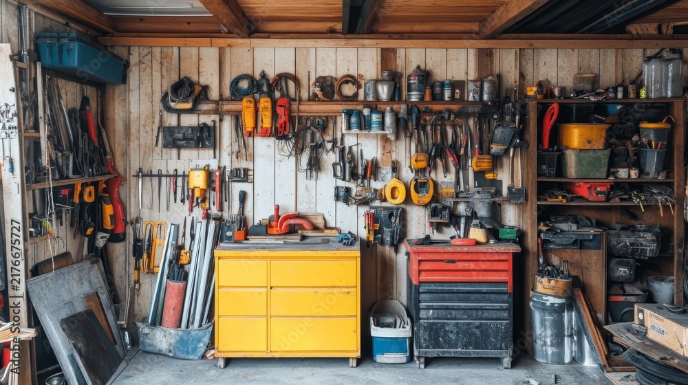 Fototapeta premium A well-organized garage workshop showcasing tools, shelves, and cabinets against a wooden backdrop