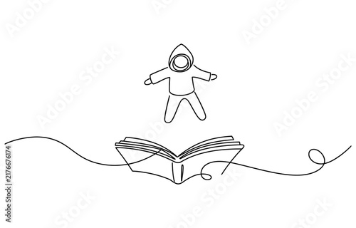 Continuous single line drawing of a small kid jumping above an open book Vector, illustration