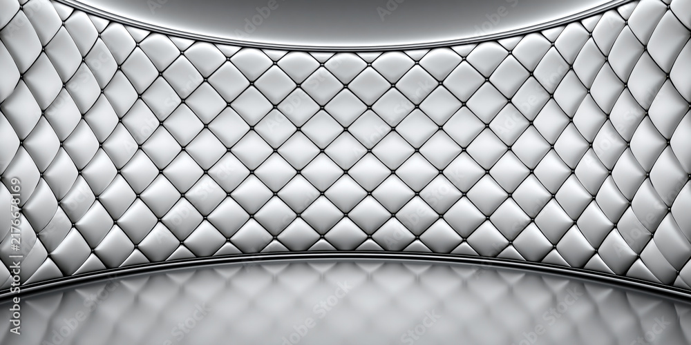Naklejka premium Curved silver wall with quilted diamond pattern in luxury interior space, abstract futuristic backdrop with reflective floor and soft light