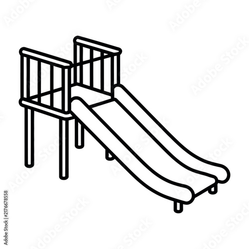 Industrial sortation chute vector icon for logistics and warehouse management. This minimalist black and white line art illustration depicts a gravity slide used for package distribution and sorting.
