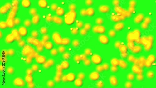 Microscope View of Moving Yellow Biological Particles on Green Screen, Scientific Background