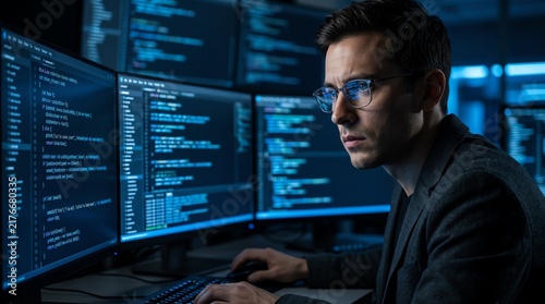 Plakat w ramie Focused Software Developer Analyzing Computer Code on Multiple Monitors in Dark Office