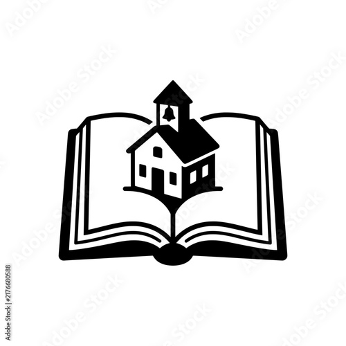 Open Book with Schoolhouse Building Vector Illustration - Education Knowledge Line Art Icon