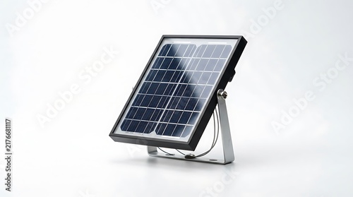 Compact solar panel unit with a stand on a bright white background, illustrating sustainable energy technology for clean power generation and eco-friendly solutions
