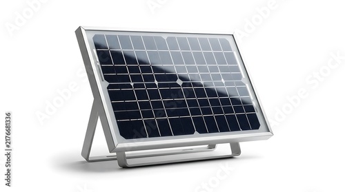 A close-up studio shot of a single solar panel mounted on a sleek, modern adjustable stand, isolated on a clean white background