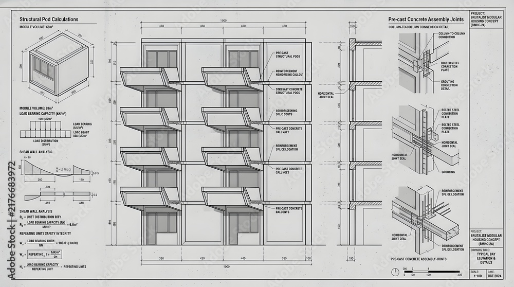 Obraz premium Technical architectural drawing showing structural precast concrete assembly details for a building facade.