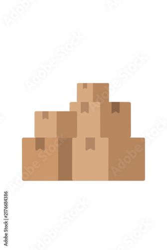Flat vector illustration of stacked brown cardboard moving boxes arranged in neat pyramid pile symbolizing relocation, storage, dorm room packing, moving day organization and delivery concept icon