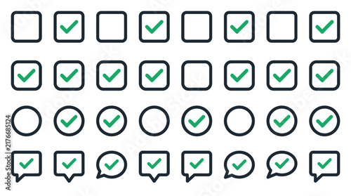 Minimalist dark blue outline green checkmark icons and checkboxes vector set.