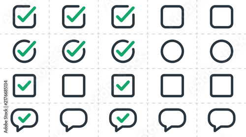 Checkmark UI elements in dark outline with green fill for digital interfaces and applications.