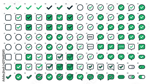 Green checkmark icons set on white background vector for approval and verification design elements.