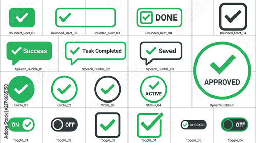 Vector UI elements with checkmarks, including rounded rectangles, speech bubbles, circles, and toggles.