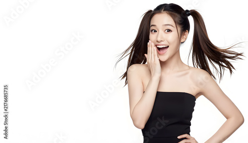 Right Stylish Asian female model with flawless pale skin, huge bright doe eyes, tiny refined nose and plump lips, sophisticated high twin ponytails with long flowing strands