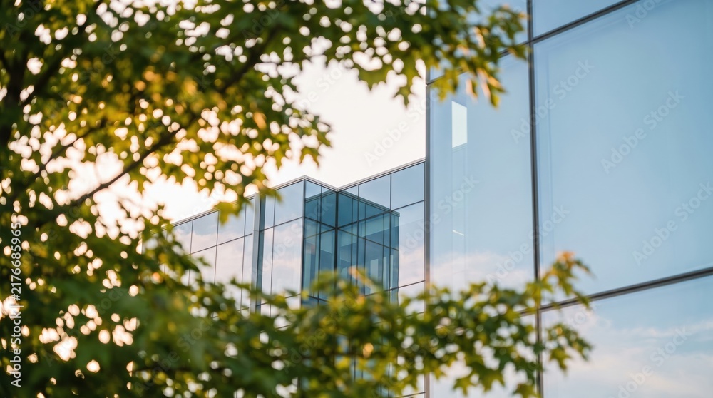 Fototapeta premium Modern glass building facade with green tree leaves in foreground reflecting sky and urban architecture.