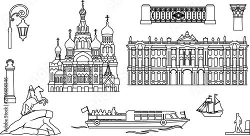 Bild auf Leinwand Saint Petersburg Russia Architecture Vector Outline Set Featuring Church of the