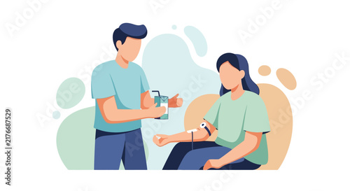 Young man holding mobile device in flat vector illustration style