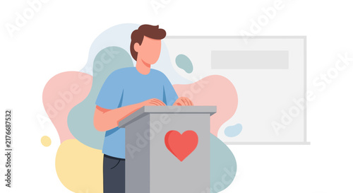 Young man standing behind podium delivering speech in flat vector style