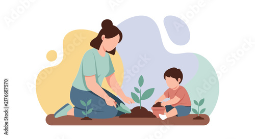 Young woman planting a green sprout in soil vector illustration