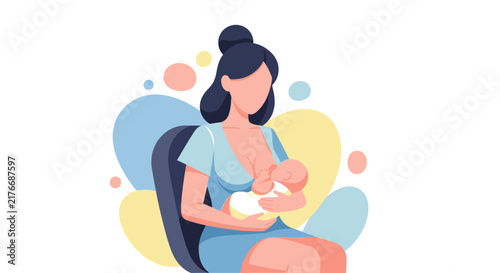 Young woman sitting in chair with colorful abstract shapes background vector illustration