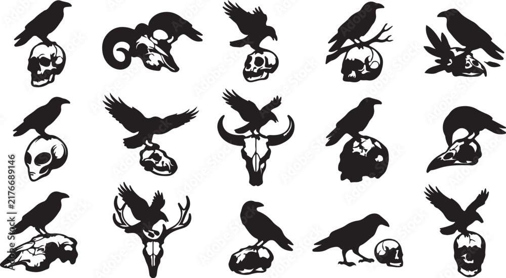 Naklejka premium Black crow bird with skull and antlers flying and perched in different poses