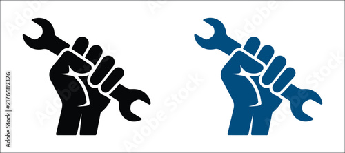 Hand holding wrench icon set, repair tool symbols representing manual labor, technical empowerment, maintenance and mechanical services for apps and websites