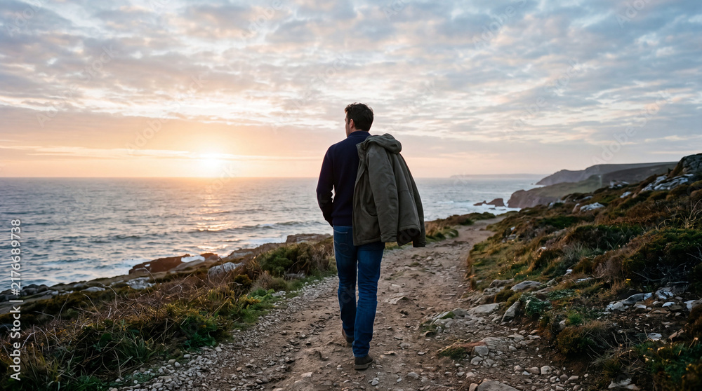 Fototapeta premium Man Walking Alone at Sunrise by the Sea