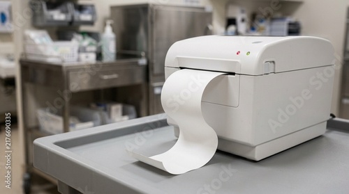 Fotografie Sterile dispensing report printout curling gently from a small thermal printer