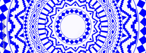 Ceramic blue tribal pattern consists of horizontal geometric bands featuring diamond chains, stepped zigzags, and vertical stripes arranged in a symmetrical, border-style layout.