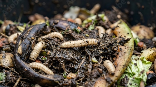 Black soldier fly larvae decomposing organic food waste in composting process
