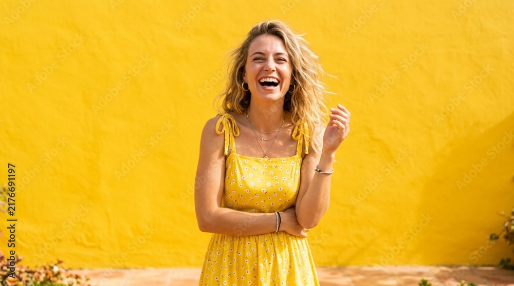 Obraz premium Joyful young woman in yellow sundress laughing against bright yellow wall, cheerful summer portrait with candid happy expression, golden sunlight vibes, feminine fashion photography