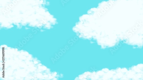 Hand drawn fluffy white clouds on vibrant light blue sky digital illustration background.