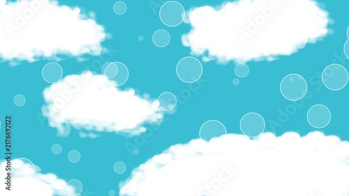 Hand-Drawn Digital Illustration of Fluffy White Clouds and Bubbles in a Blue Sky